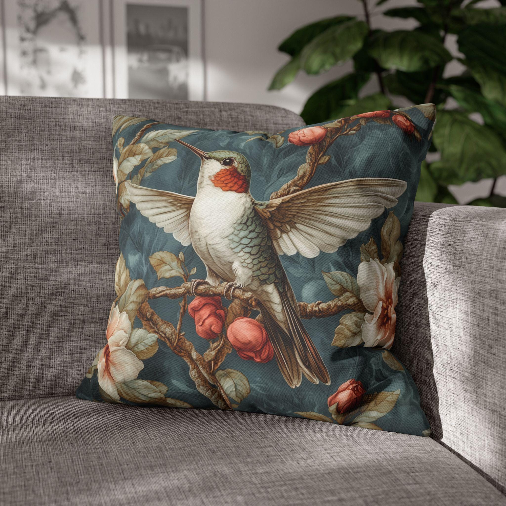 Vintage Style Hummingbird Floral Pillowcase: William Morris Inspired Decorative Cushion Cover for Nature Lovers