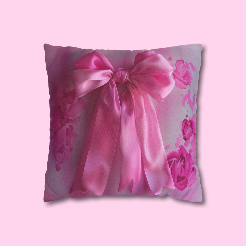 Romantic Coquette Pillow Cover: Pink Satin Bow Image & Floral Accents for Feminine Bedroom Decor