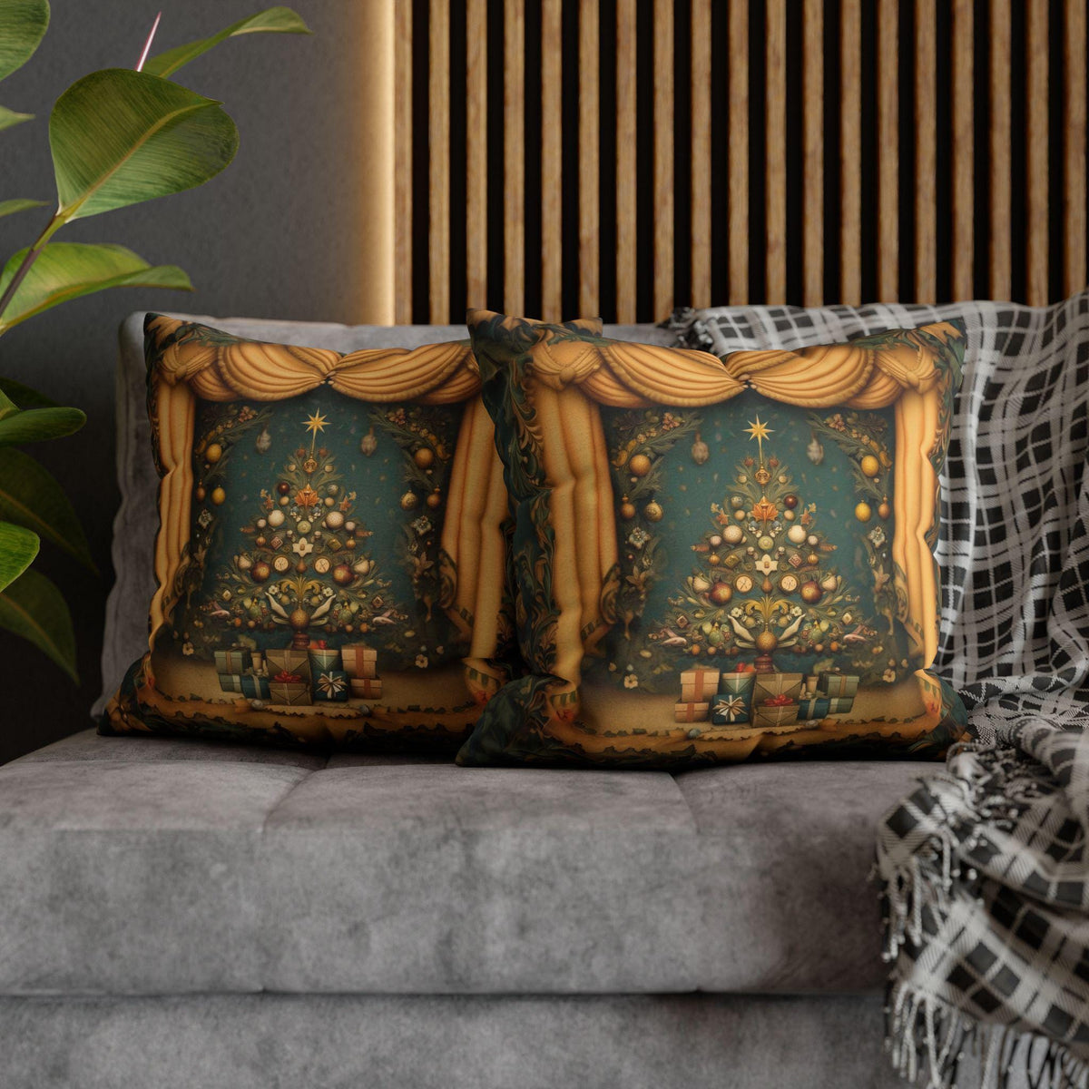 Vintage Art Nouveau Christmas Pillow Cover: Theatrical Tree, Golden Curtains, and Wrapped Gifts