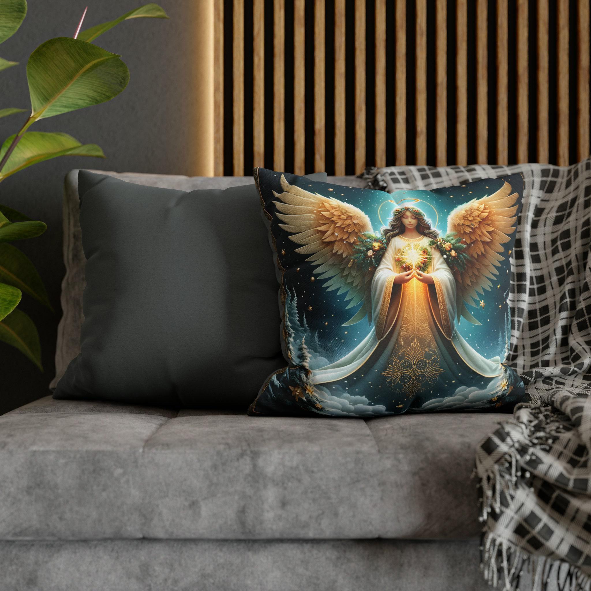 Angelic Christmas Throw Pillow Cover: Midnight Blue Decorative Holiday Cushion with Golden Wings