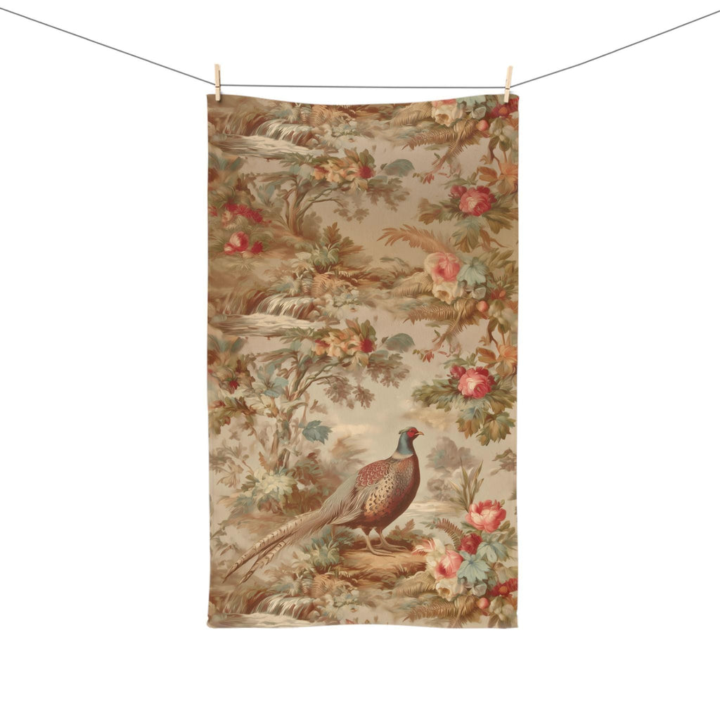 French Country Pheasant Hand Towel: Vintage Style Toile Bird Design for Kitchen or Bath