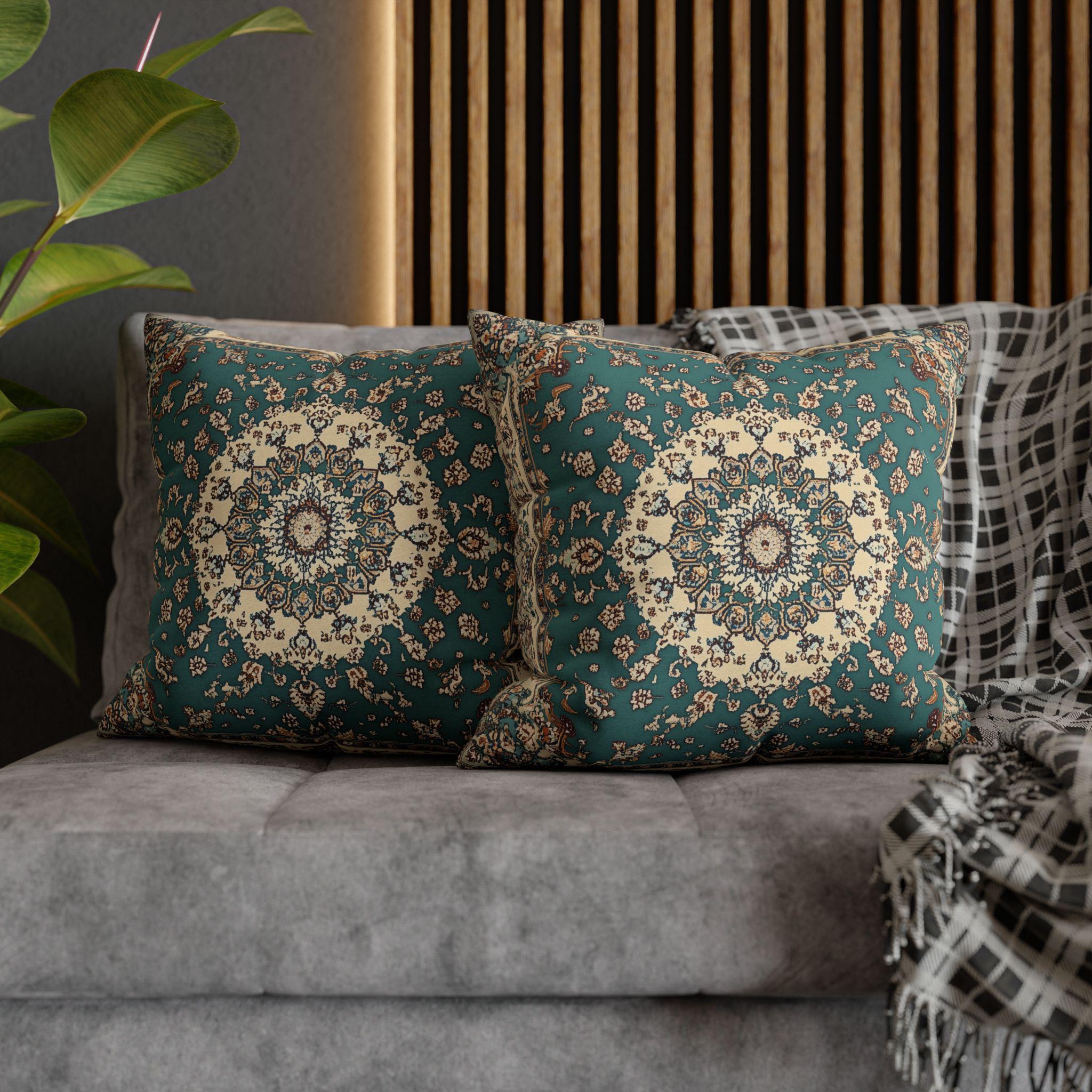 Teal and Ivory Persian-Inspired Pillow Cover: Vintage Carpet Look with Ornate Medallion Design