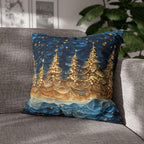 A Stary Night Christmas Pillow Cover, Paper Quilling-Inspired Design, Golden Trees Under a Winters night sky