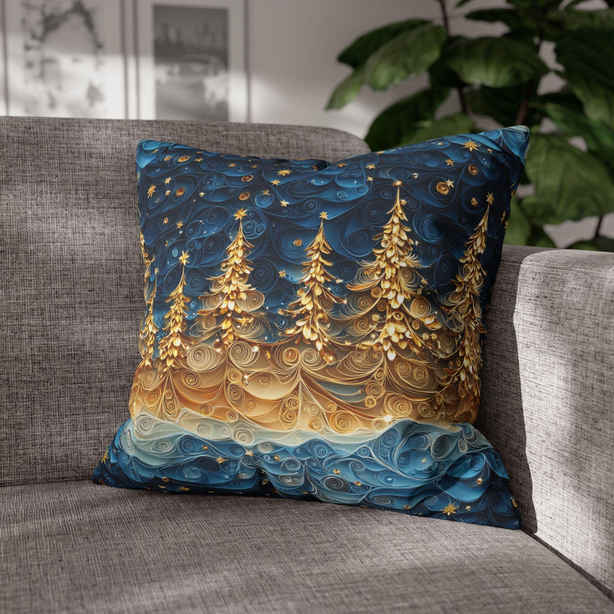 A Stary Night Christmas Pillow Cover, Paper Quilling-Inspired Design, Golden Trees Under a Winters night sky