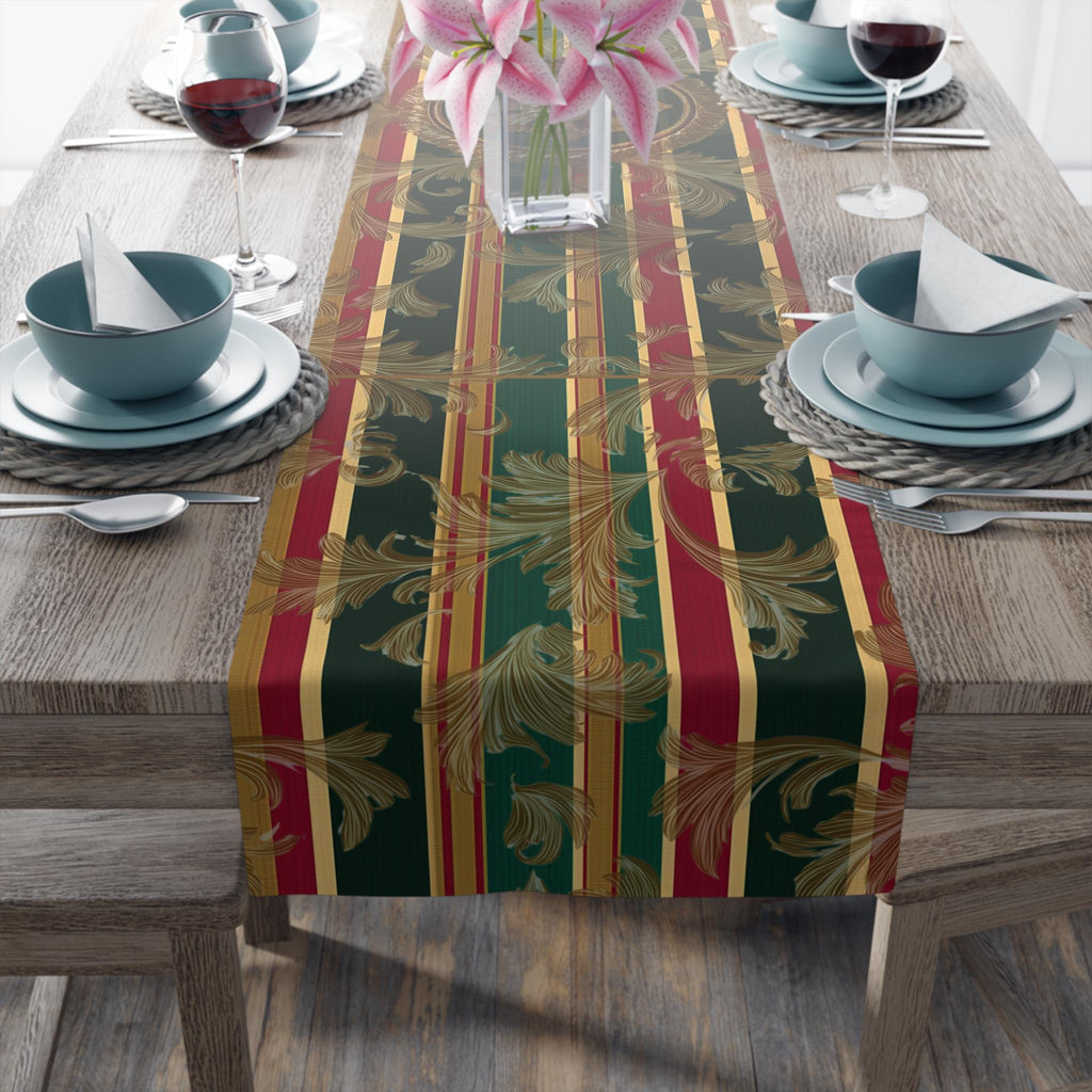 Gold Damask Christmas Table Runner: Emerald Tartan Bands & Medallion Accent