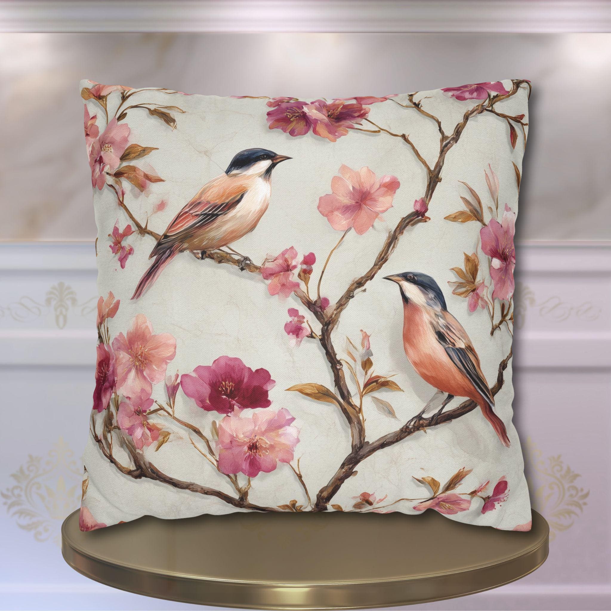 Chinoiserie Bird Pillow Cover: Vintage Style Floral Accent Cushion