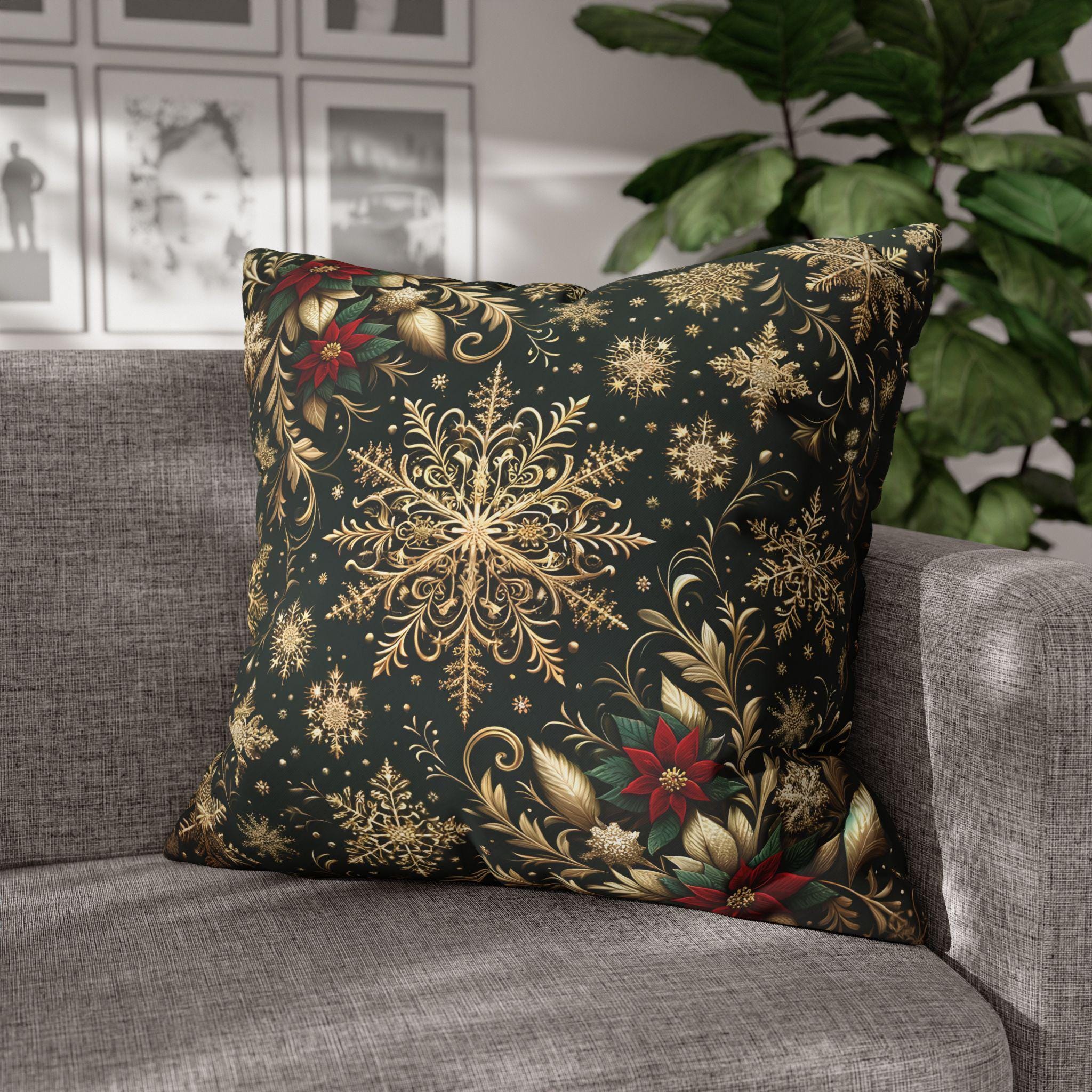 Elegant Emerald Poinsettia & Snowflake Euro Sham: Festive Holiday Pillow Cover (24x24, 26x26)
