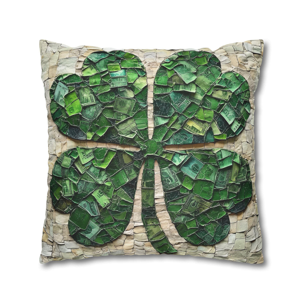 St. Patrick's Day Lucky Clover Pillowcase: Green Money Mosaic Design, Handcrafted Square Decor
