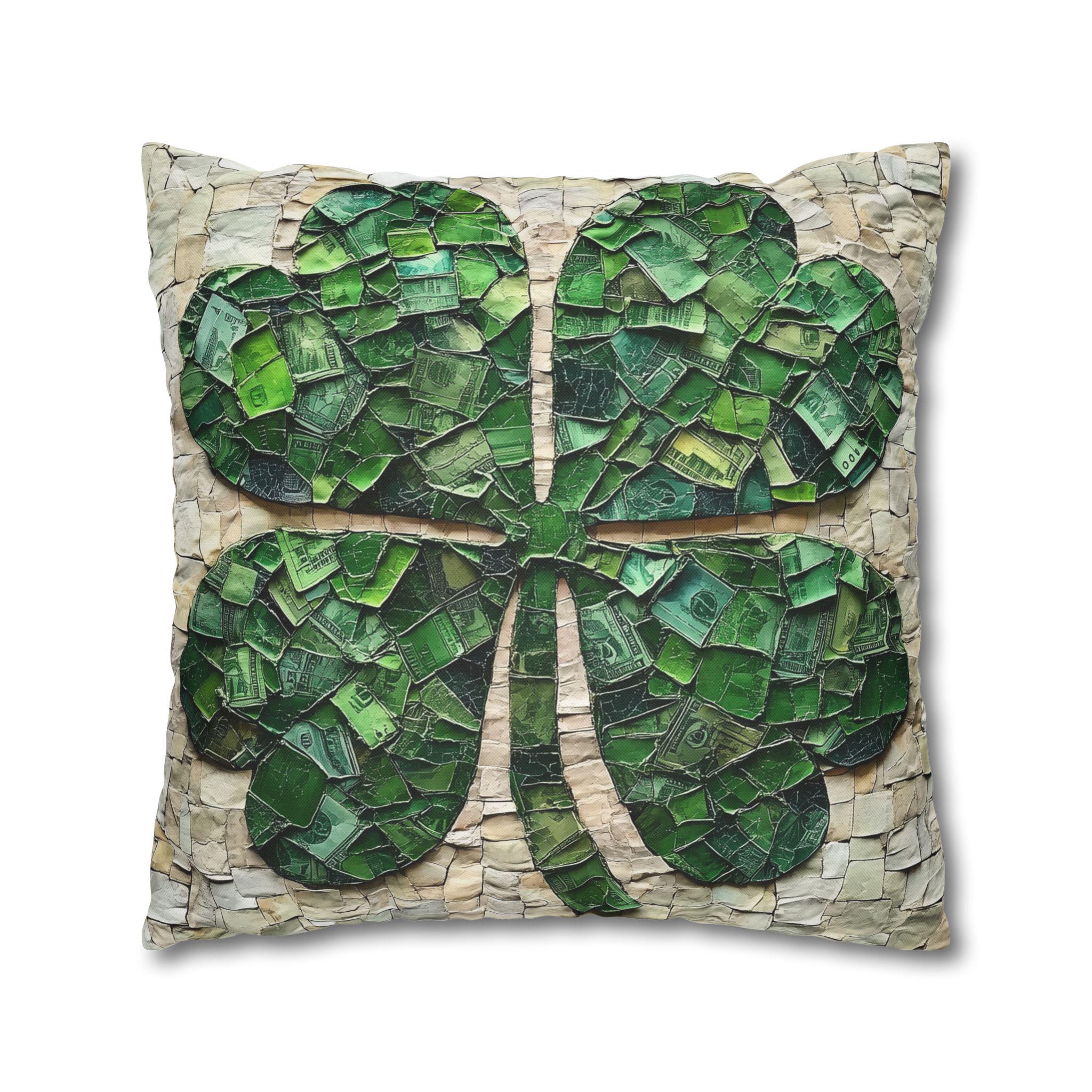 St. Patrick's Day Lucky Clover Pillowcase: Green Money Mosaic Design, Handcrafted Square Decor