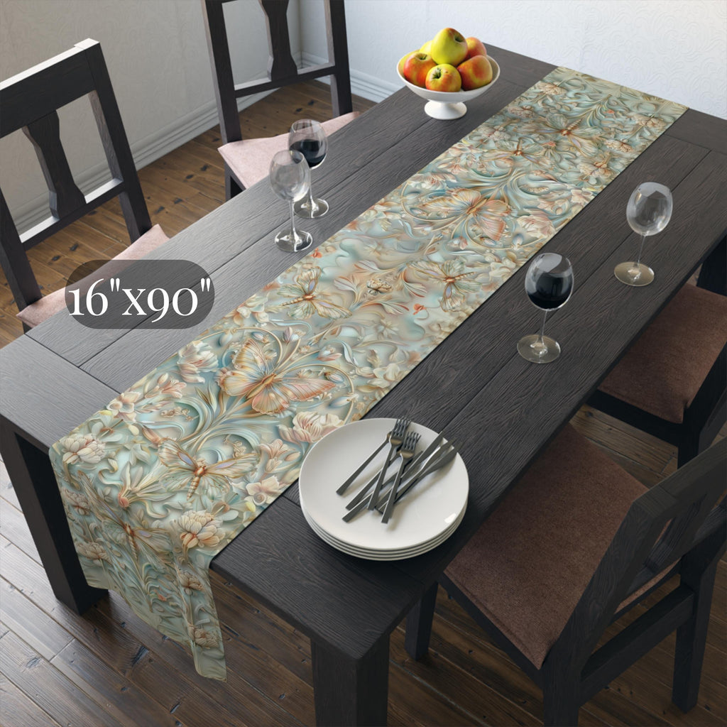 William Morris Table Runner: Celadon Aqua Pastel Floral Butterfly Design