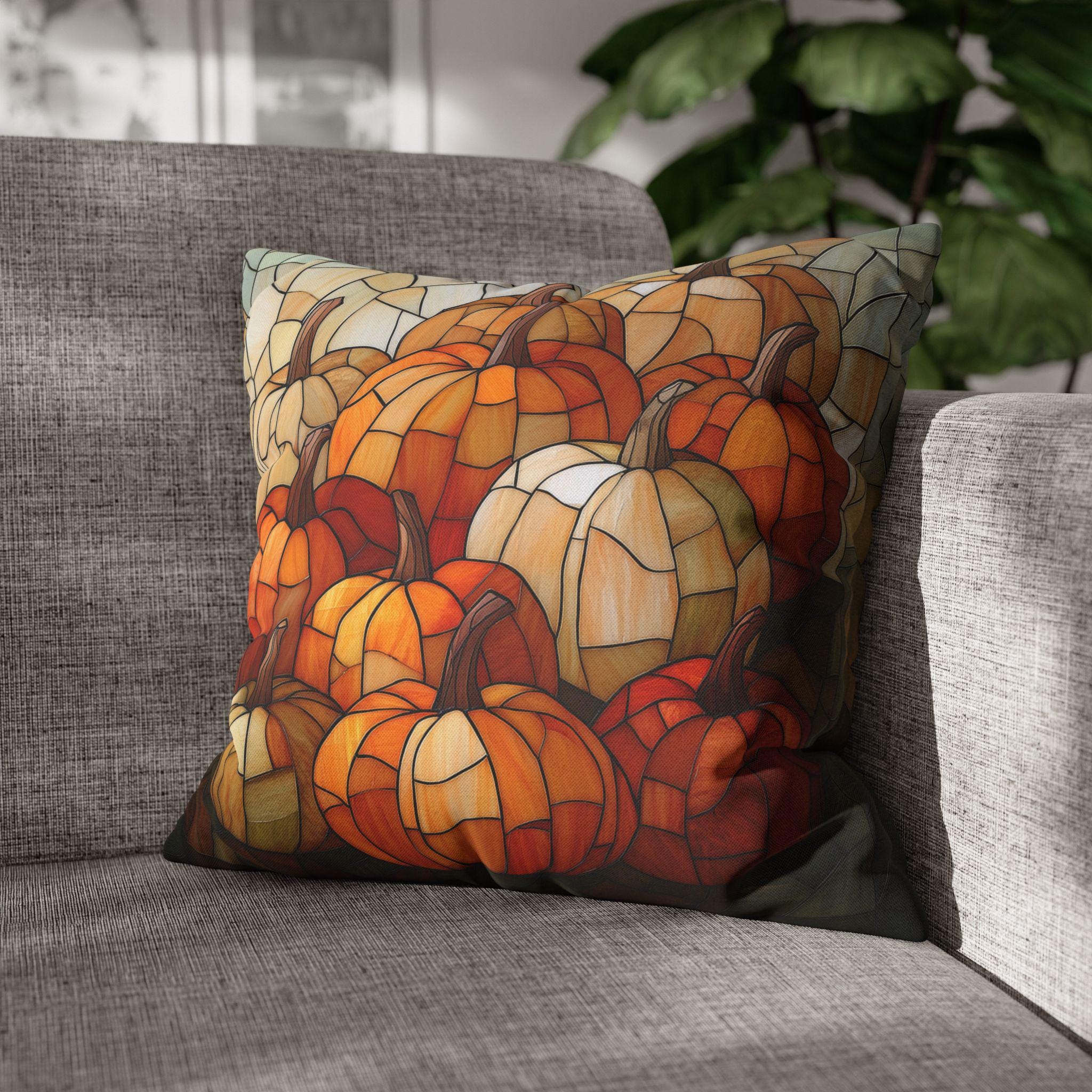 Pumpkin Mosaic Pillow Cover, Fall Decor, Stained Glass Effect