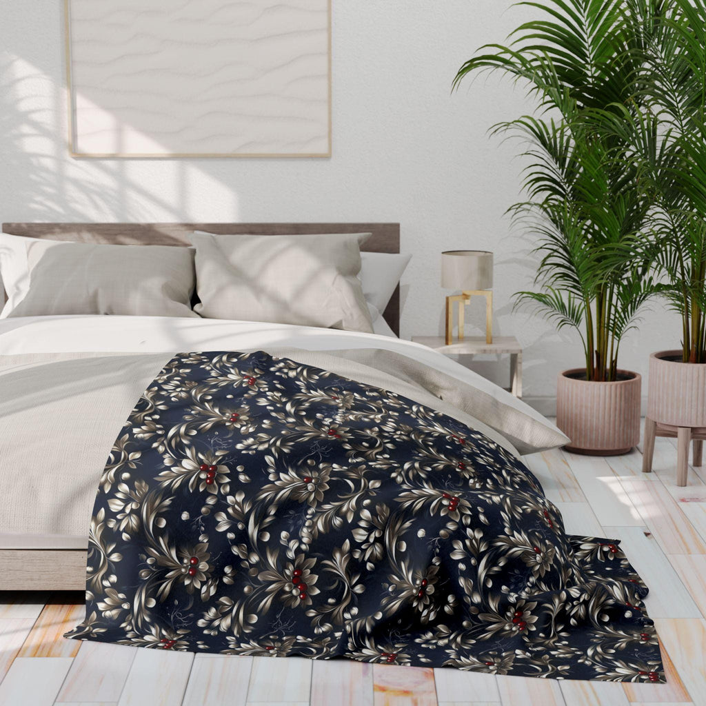 Blue & Silver Holly Fleece Blanket: Festive Christmas Decor