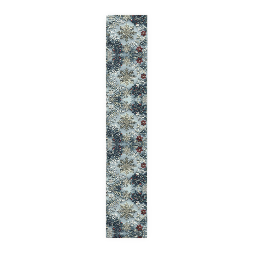 Elegant Blue Chinoiserie Christmas Table Runner: Snowflake & Holly Design for Holiday Dining Decor