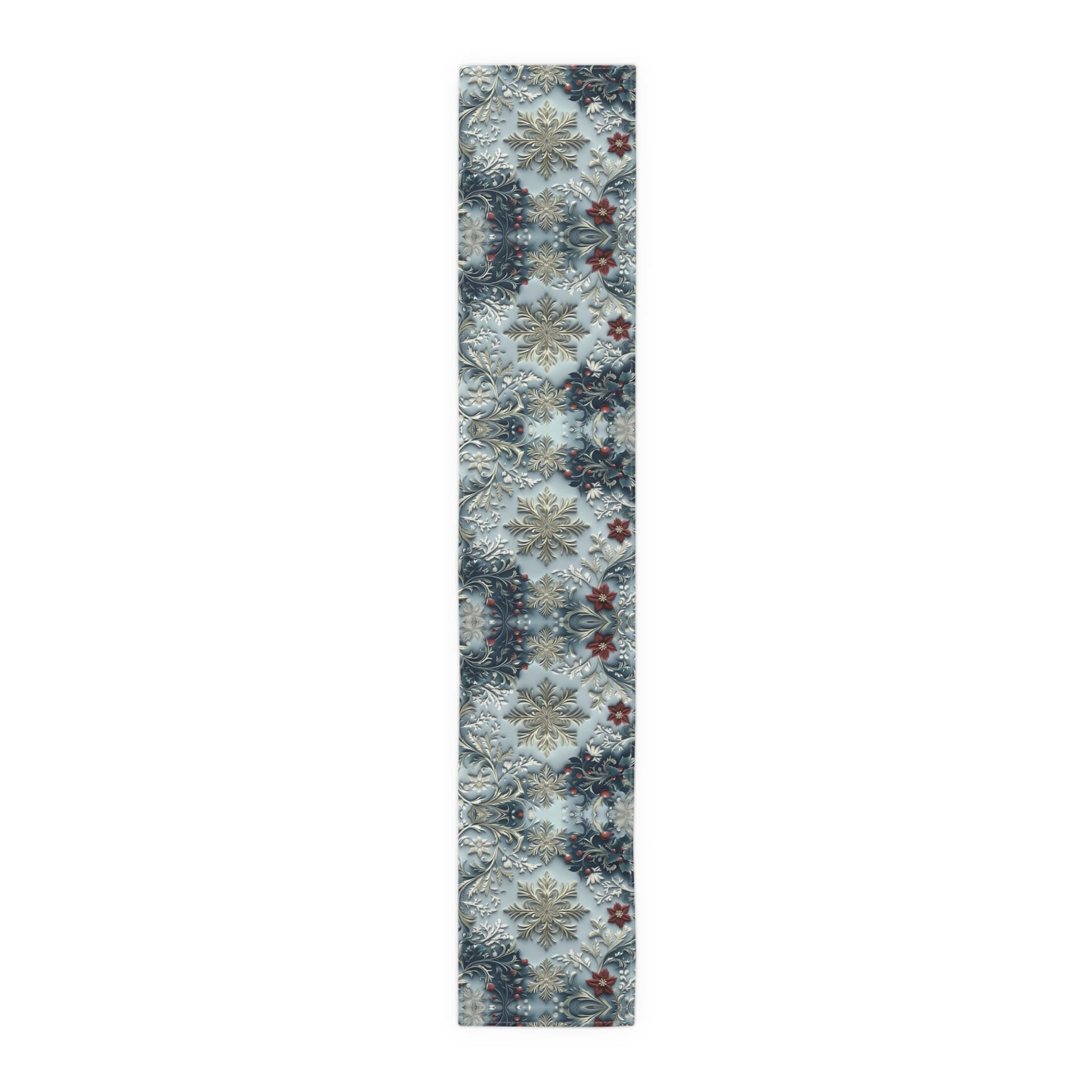 Elegant Blue Chinoiserie Christmas Table Runner: Snowflake & Holly Design for Holiday Dining Decor