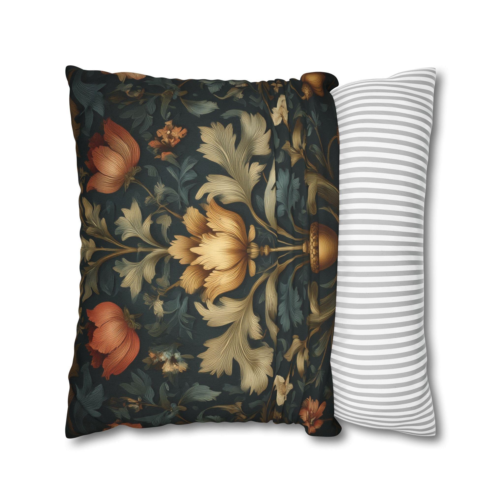 William Morris Inspired Fall Pillow Cover: Dark Teal Gold Rust Floral