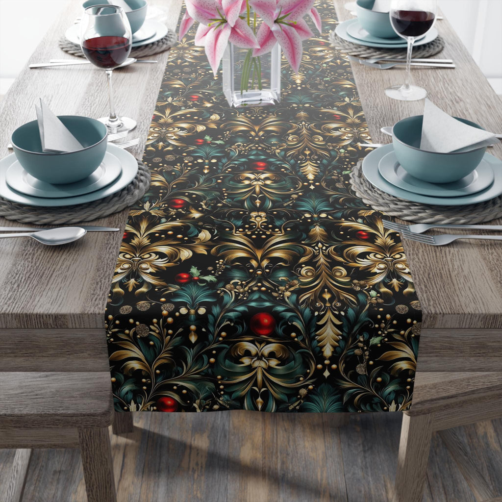 Art Nouveau Christmas Table Runner: Ornate Gold Botanical Holiday Dining Decor