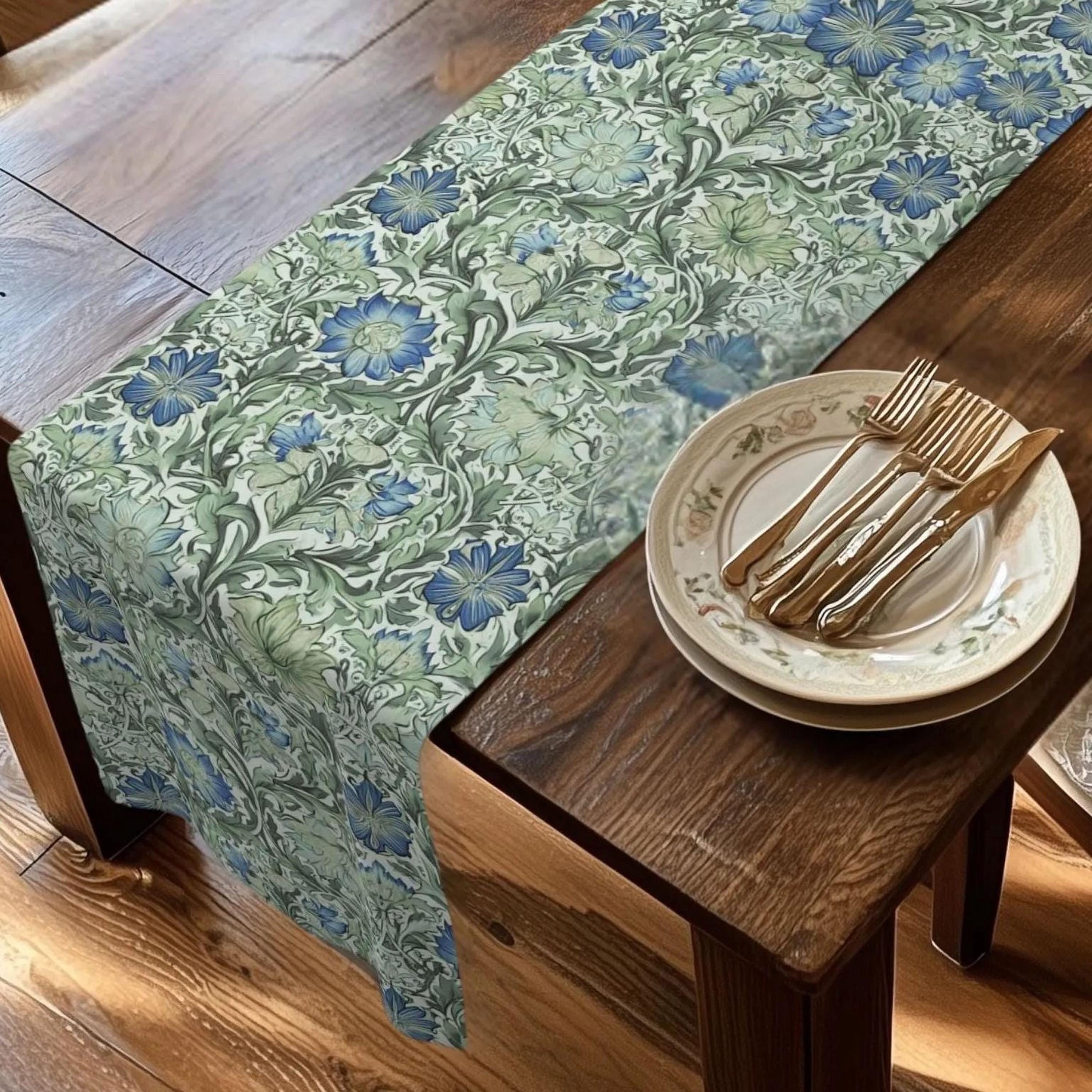 William Morris inspired table runner: Sage and Blue Floral Vine