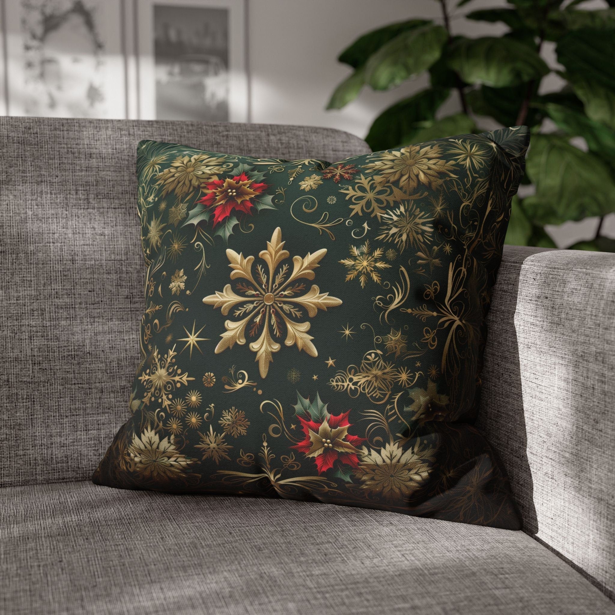 Gold Snowflake Emerald Green Holiday Pillow Cover