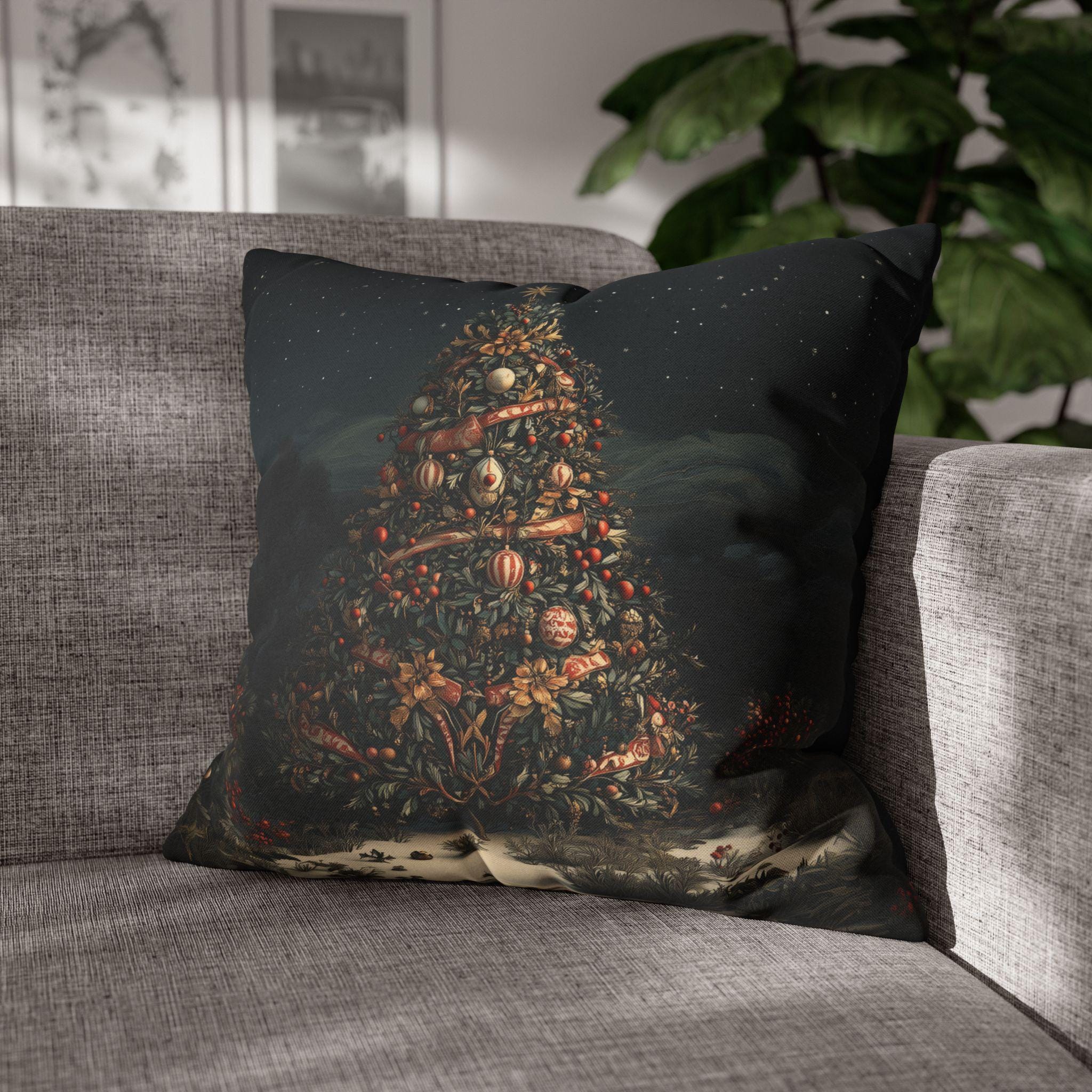 William Morris Christmas Tree Pillow Cover, Starry Desert Night Red Gold Cream Cushion Cover