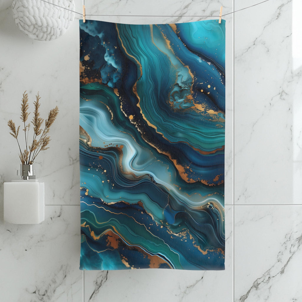 Ocean Wave Hand Towel: Teal Navy Marble Print with Gold Accents