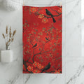 Chinoiserie Hand Towel: Red Floral Bird Art, Asian Decor