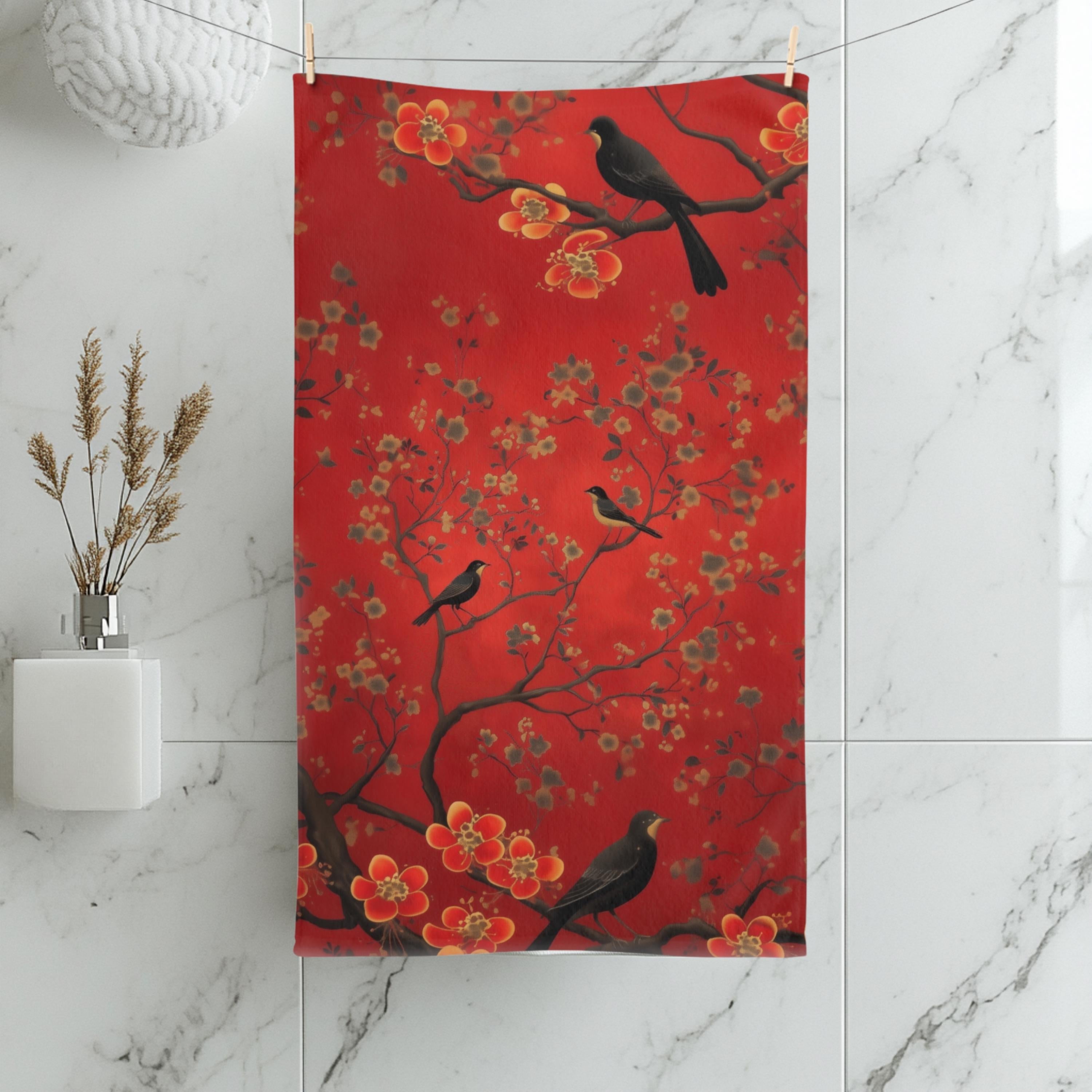Chinoiserie Hand Towel: Red Floral Bird Art, Asian Decor