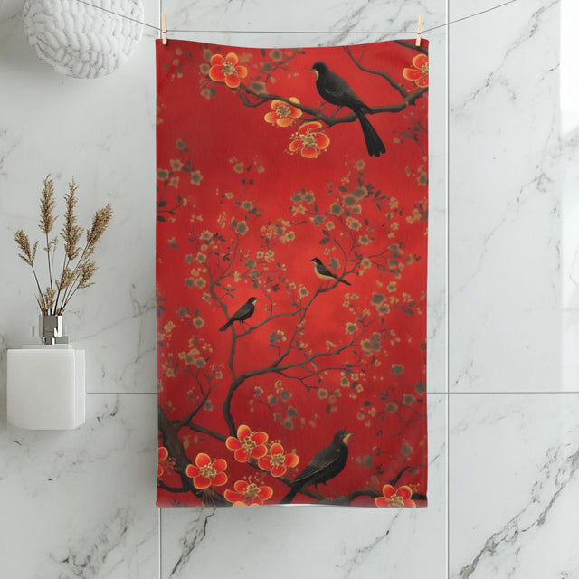 Chinoiserie Hand Towel: Red Floral Bird Art, Asian Decor