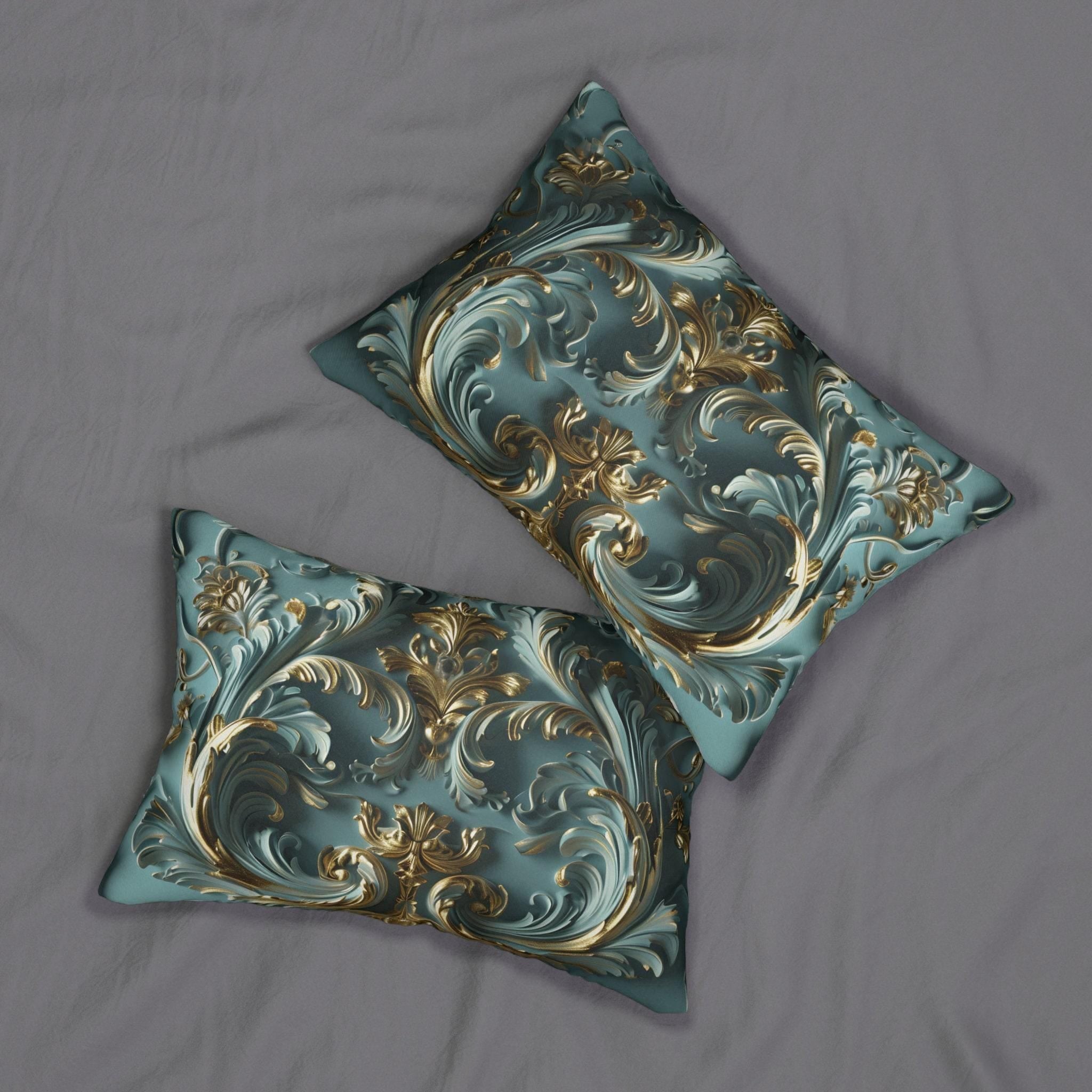 Luxurious Rococo Gold Scrollwork Lumbar Pillow: Ornate Acanthus Motifs on Teal Elegant 3D Design