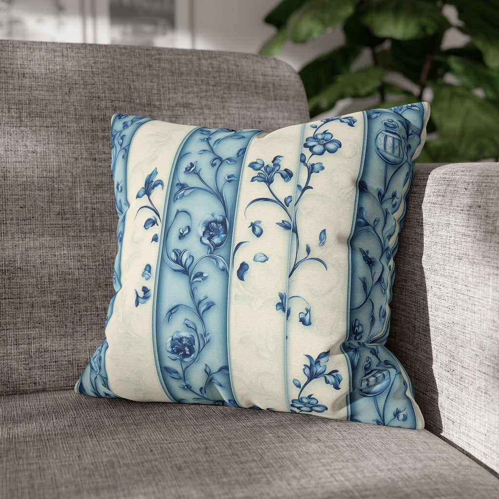 Elegant Blue & White Chinoiserie Floral Stripe Pillowcase: French-Inspired Square Cushion Cover