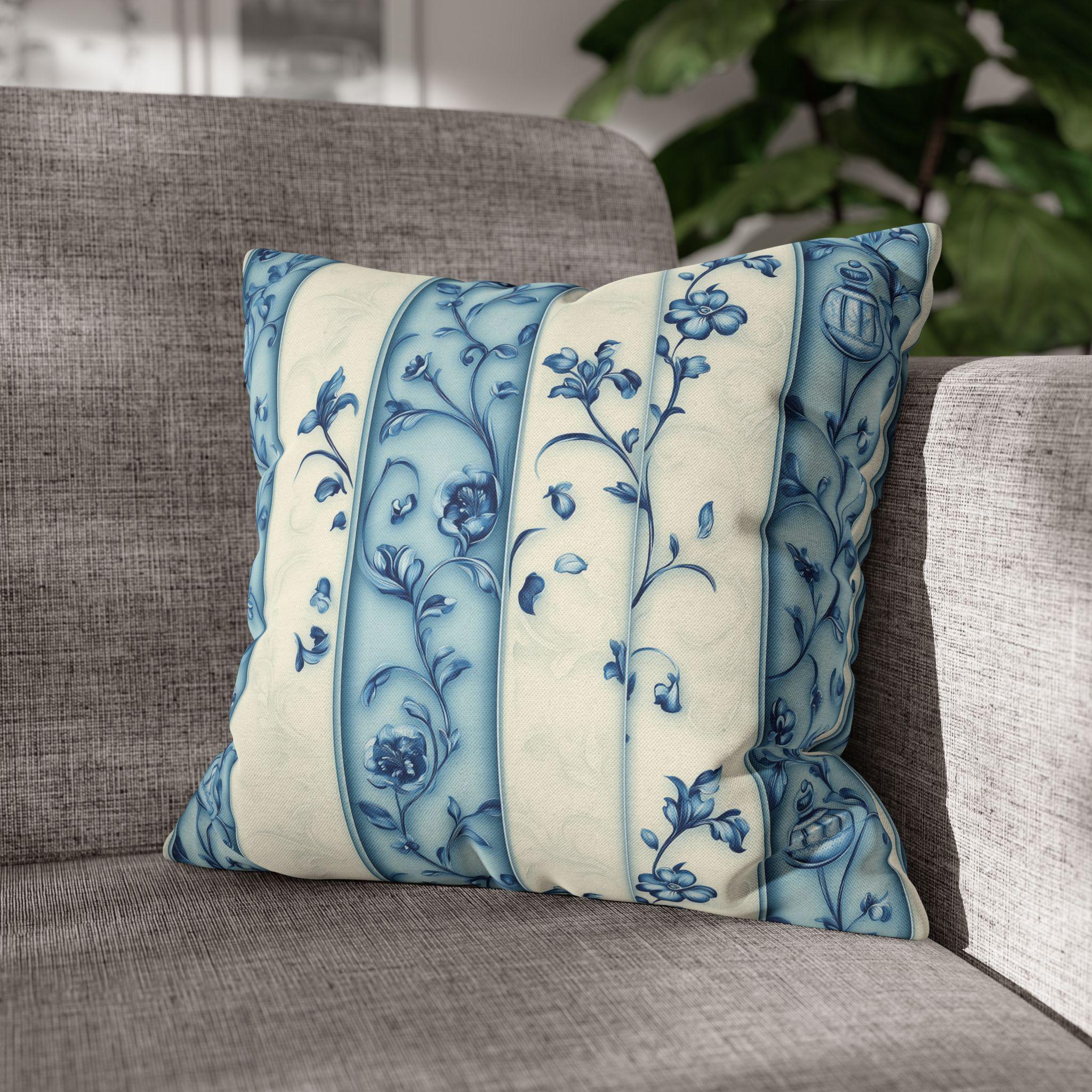 Elegant Blue & White Chinoiserie Floral Stripe Pillowcase: French-Inspired Square Cushion Cover