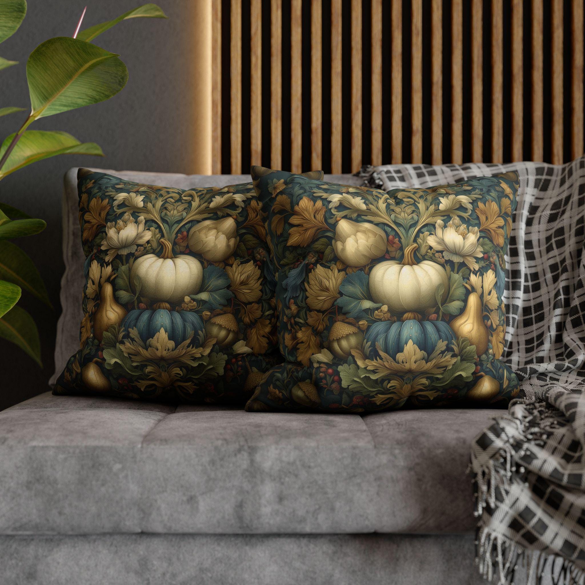 William Morris Inspired Autumn Pillow Cover: Teal, Gold, and Ivory Harvest Design