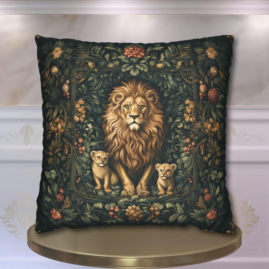 Regal Lion Pillow Cover: William Morris Inspired Botanical Cushion with Jungle Motif