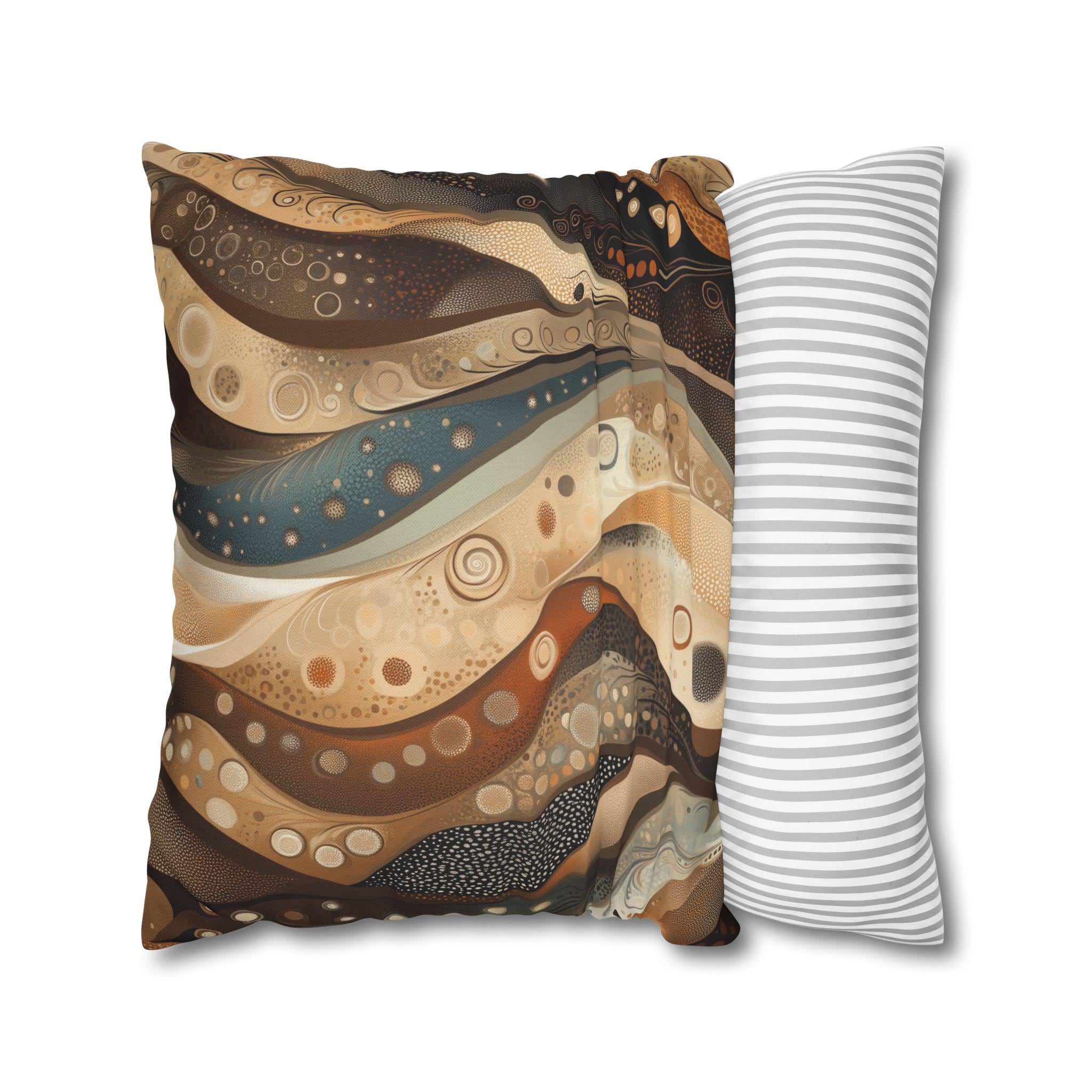 Abstract Wave Design Pillowcase, Brown Beige Cream Caramel Teal,  Home Decor Accent, Sofa Pillow