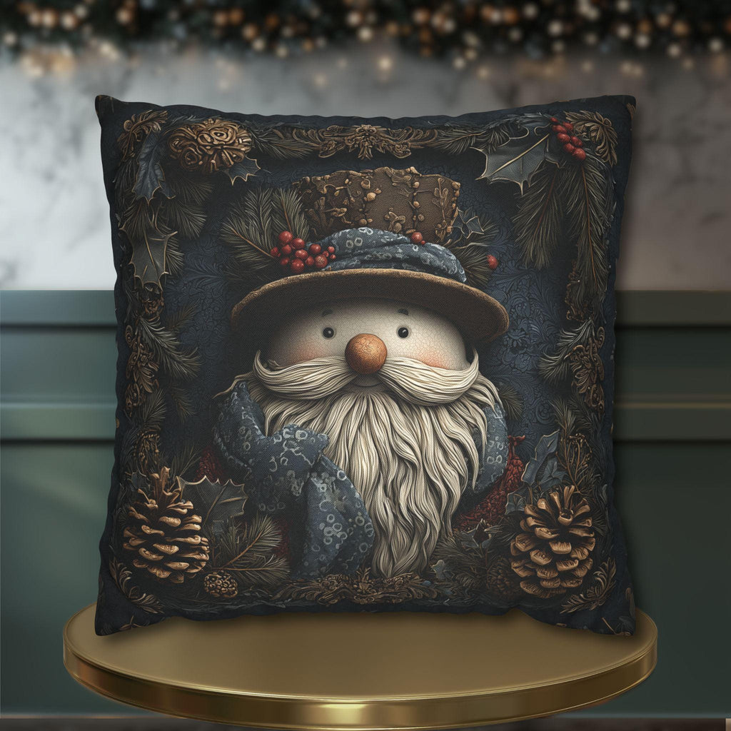 William Morris Inspired Christmas Pillow Cover: Rustic Santa Snowman Woodland Pine & Holly Illustration