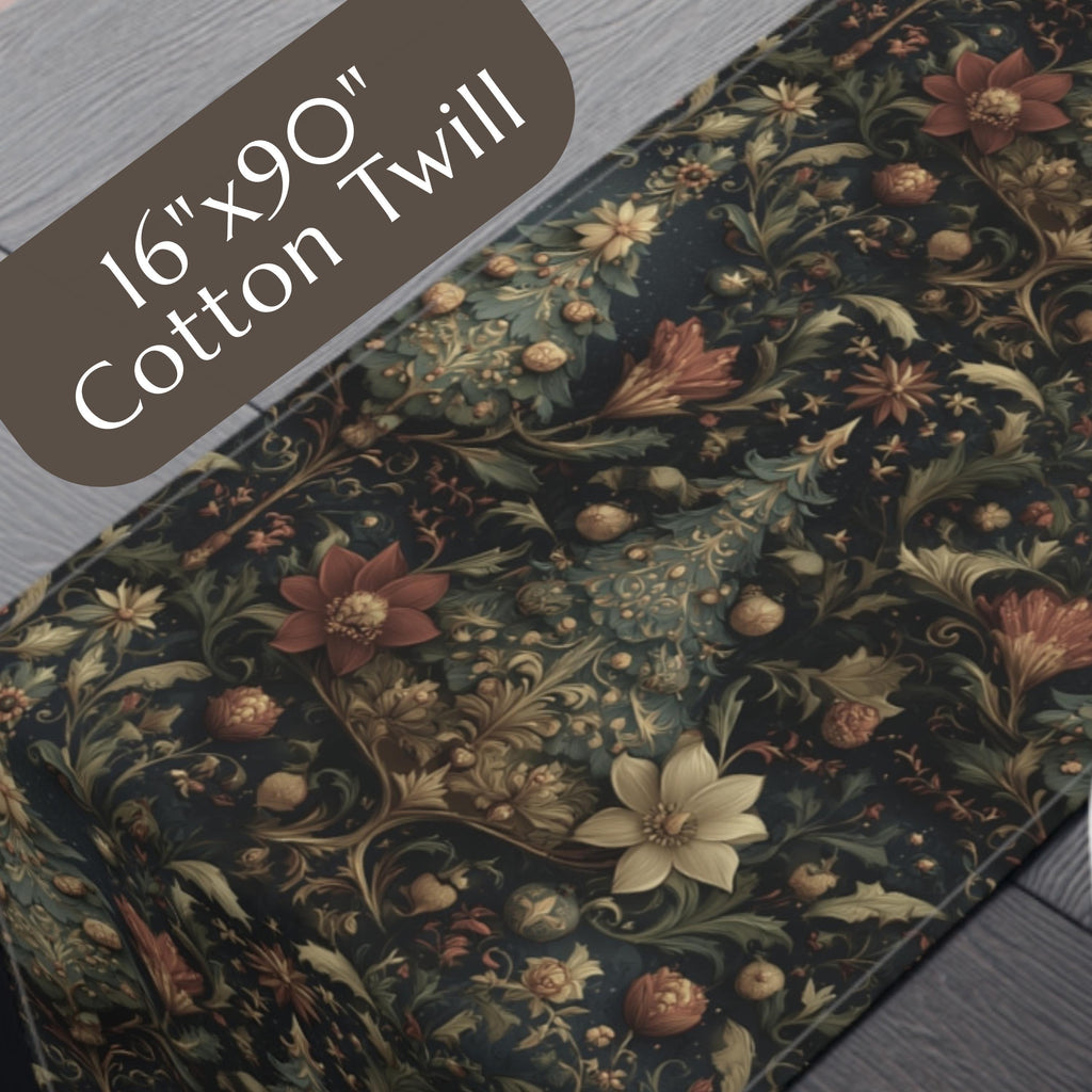 Intricate Christmas Table Runner: William Morris Holiday Botanical Pattern, Dark Red & Gold