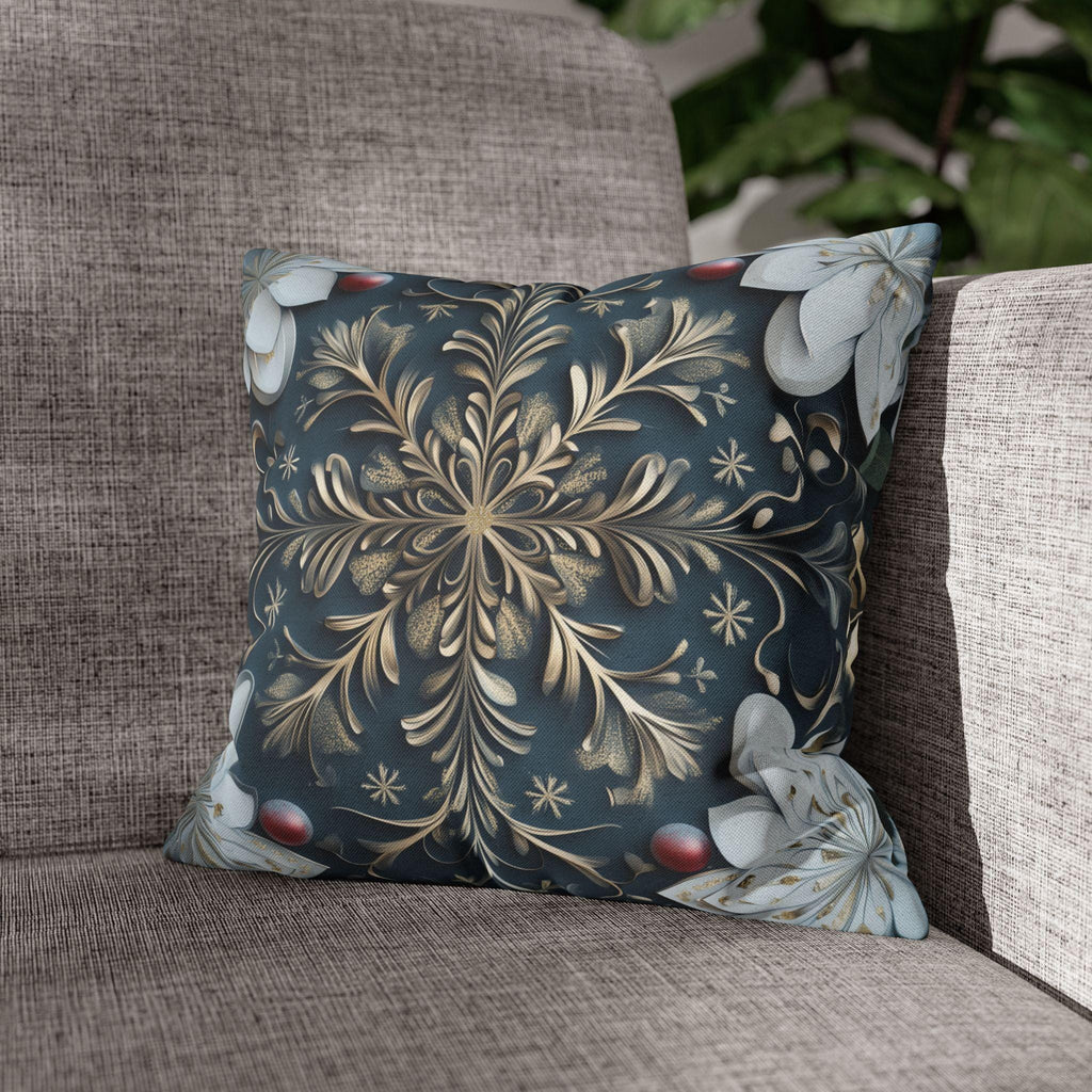 Gold White & Blue Snowflake Square Pillowcase, Elegant Festive Christmas Pillow Cover