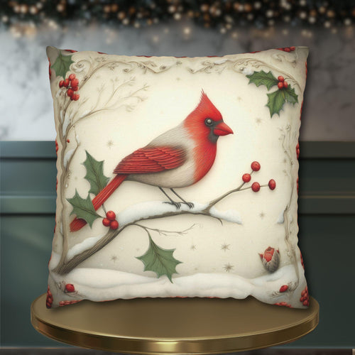 Cardinal in Winter Pillow Cover: Vintage Style Holiday Bird & Snowy Branches Accent