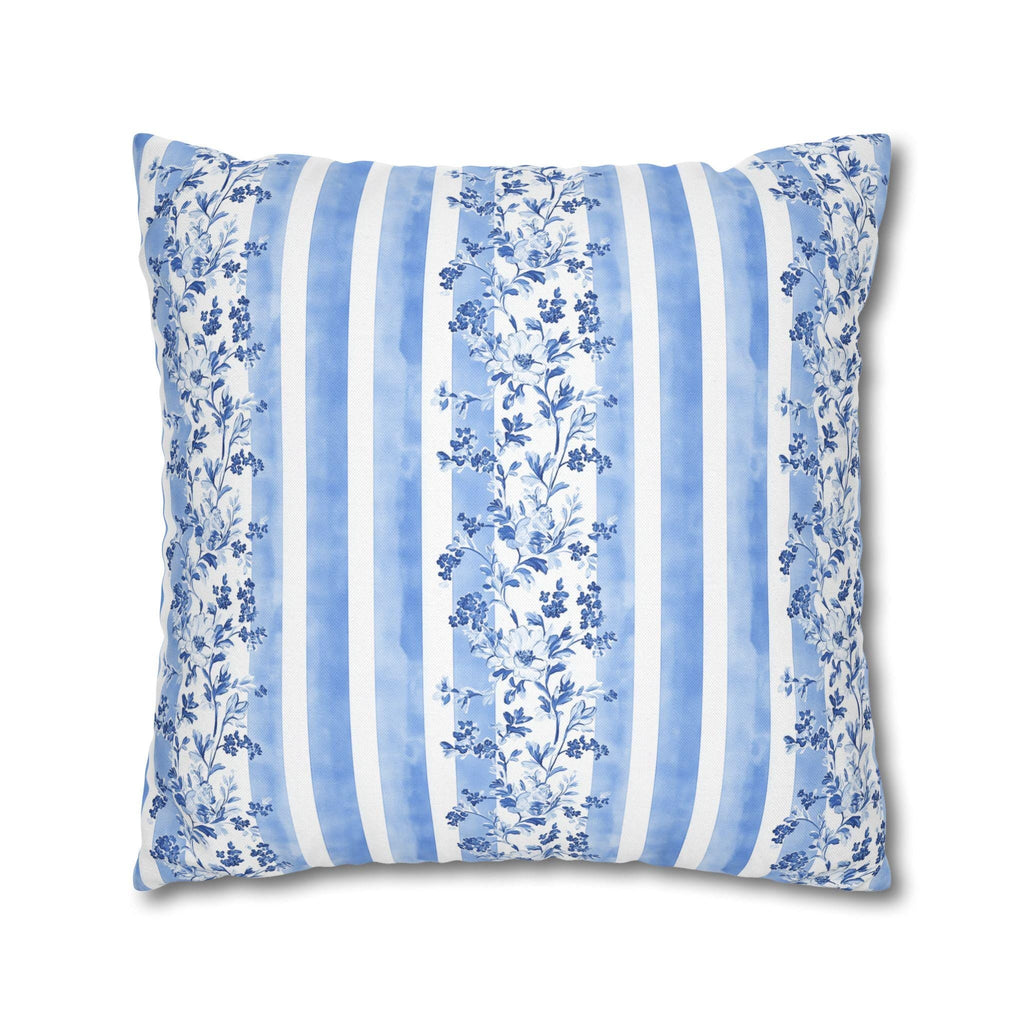 French Country Pillowcase: Blue & White Floral Striped Cushion Cover