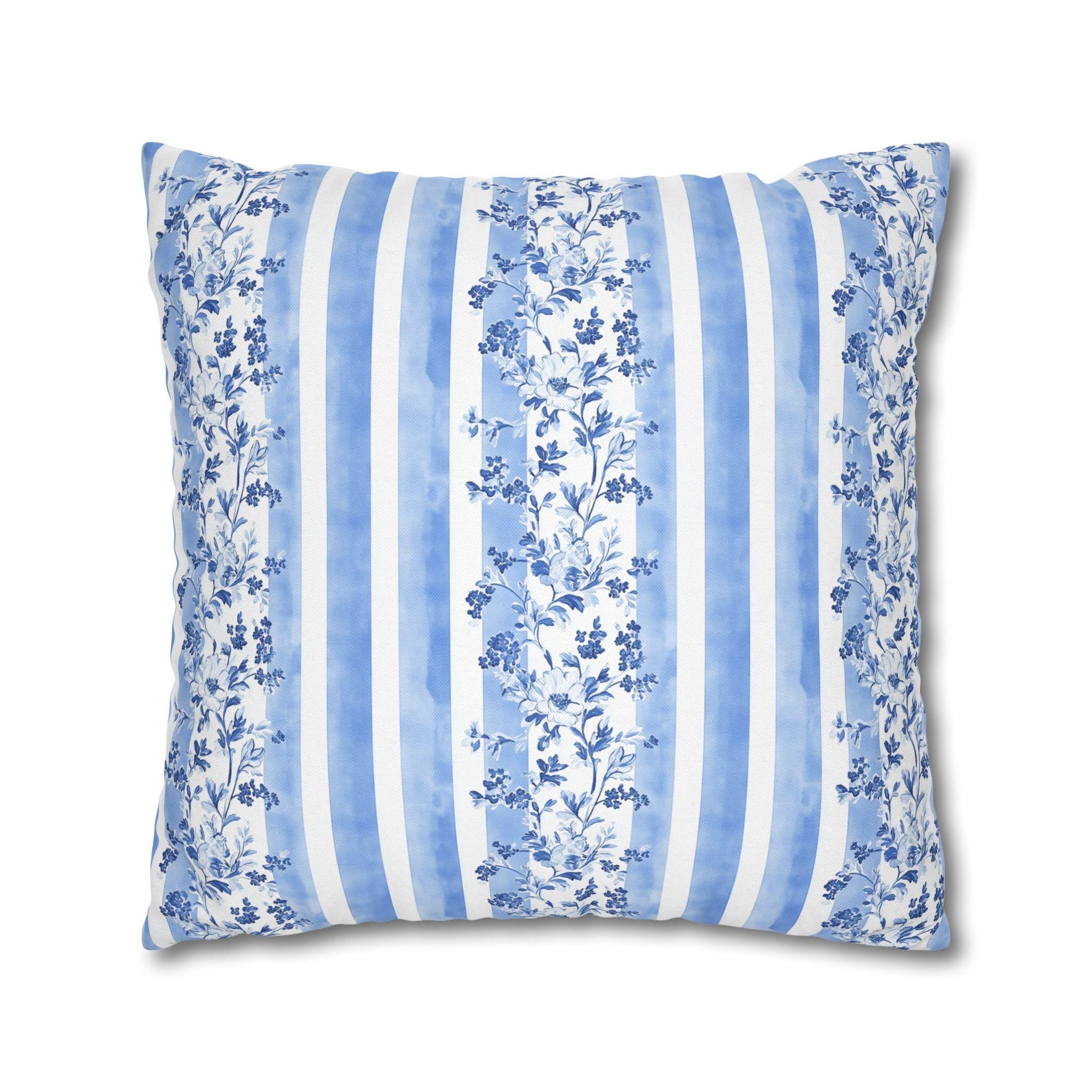 French Country Pillowcase: Blue & White Floral Striped Cushion Cover