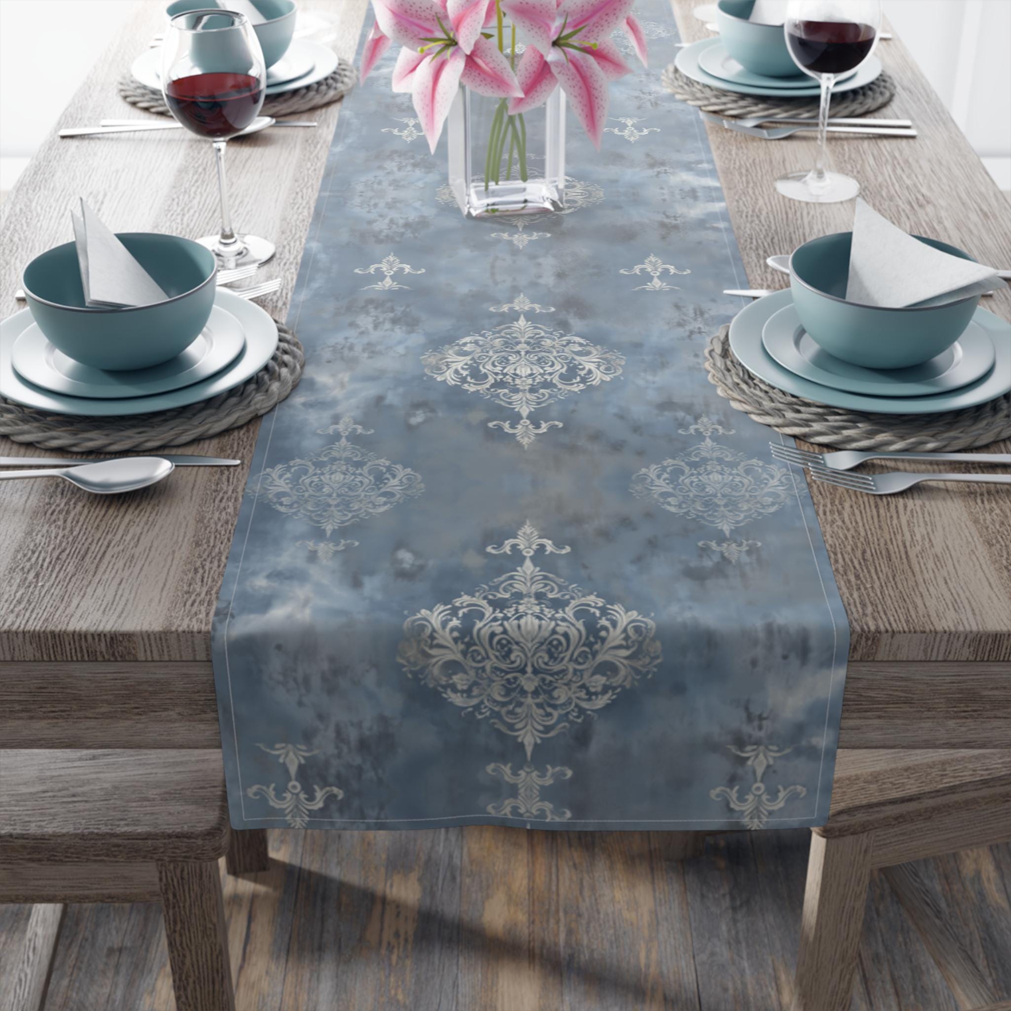 Elegant Silvery White Damask Table Runner: Soft Blue & Gray Classic Pattern for Sophisticated Dining