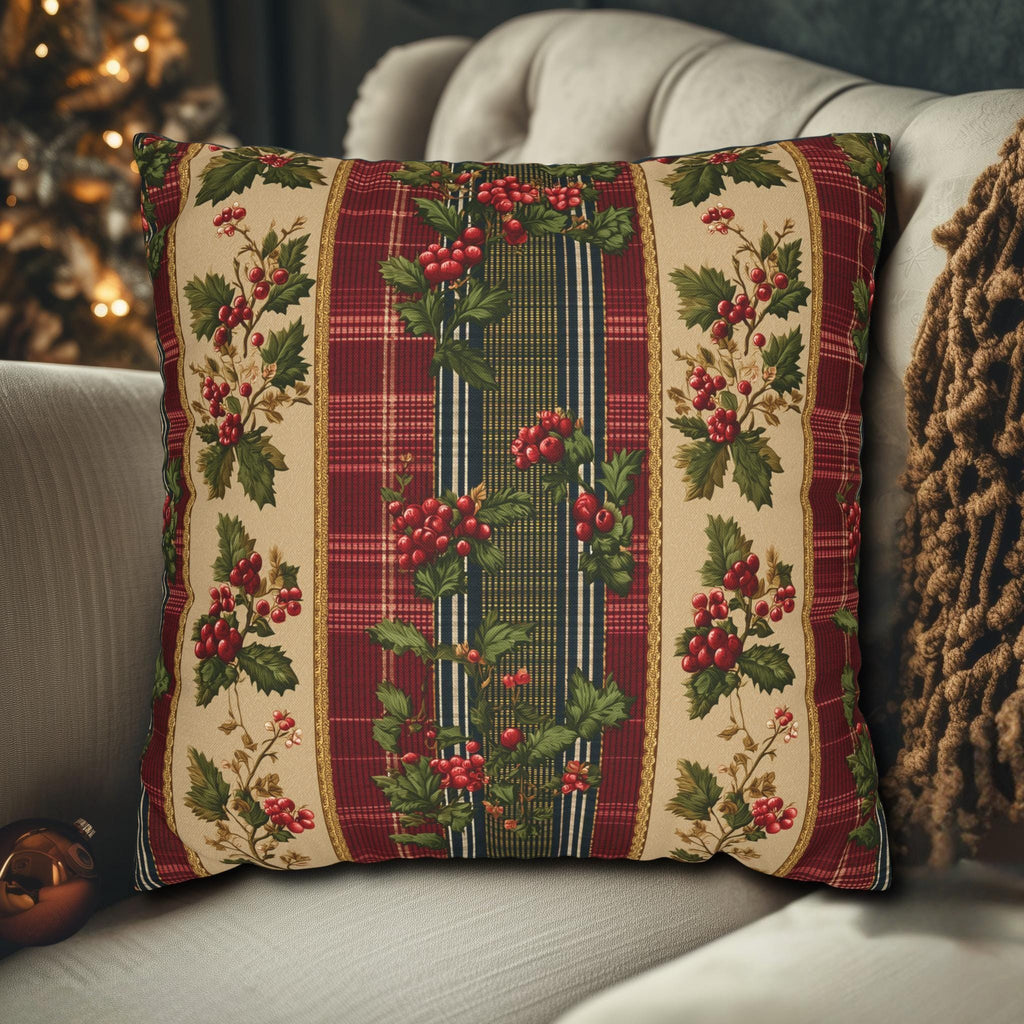 Christmas Pillow Cover: Classic Vintage Style Holly & Tartan Plaid in Red Green and Cream