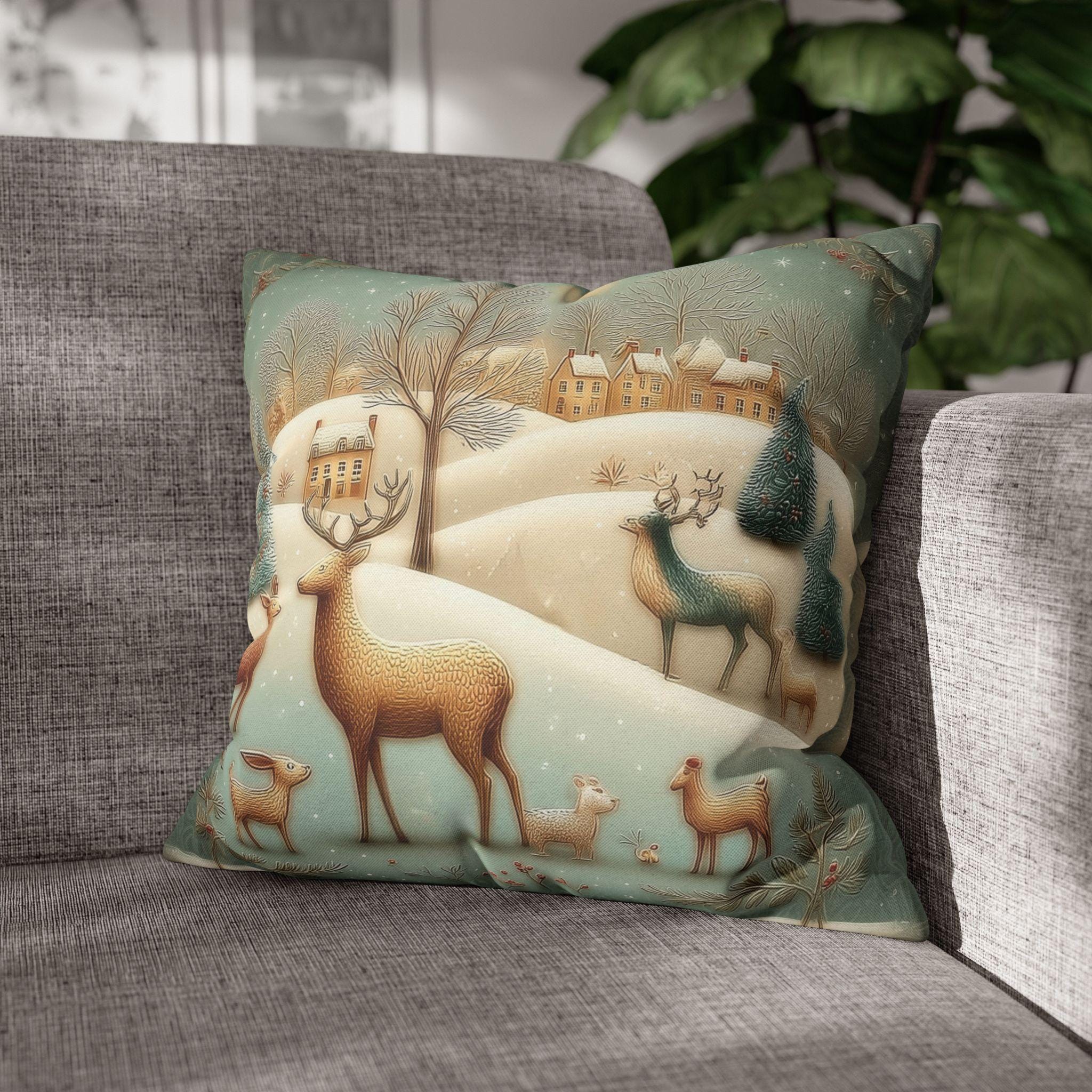 Whimsical Woodland Christmas Pillow Cover: Storybook Deer & Snowy Village