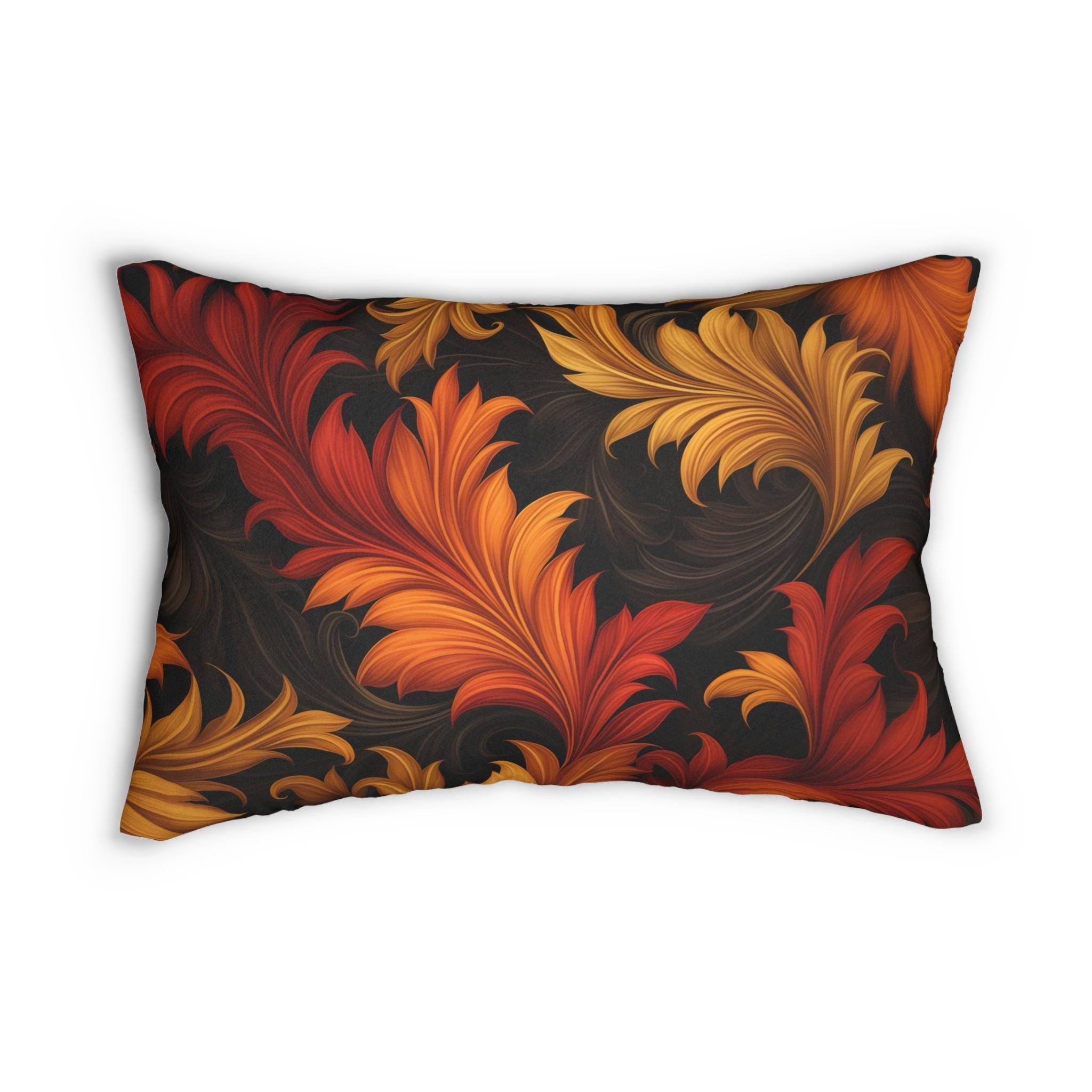 Autumn Leaves Lumbar Pillow: Gold, Orange, and Red Fall Design