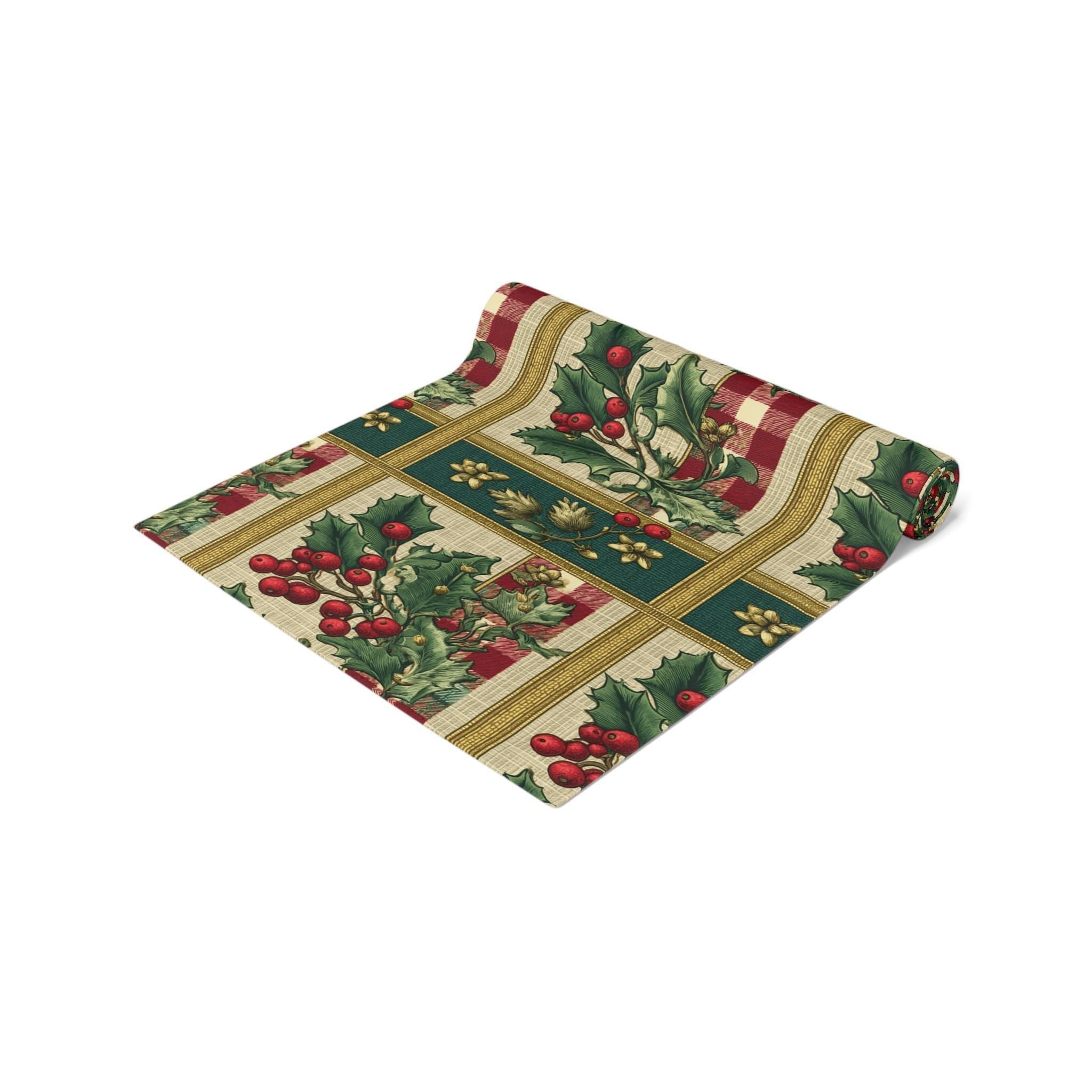 Gingham & Holly Christmas Table Runner: Classic Vintage Holiday Style with Stripes