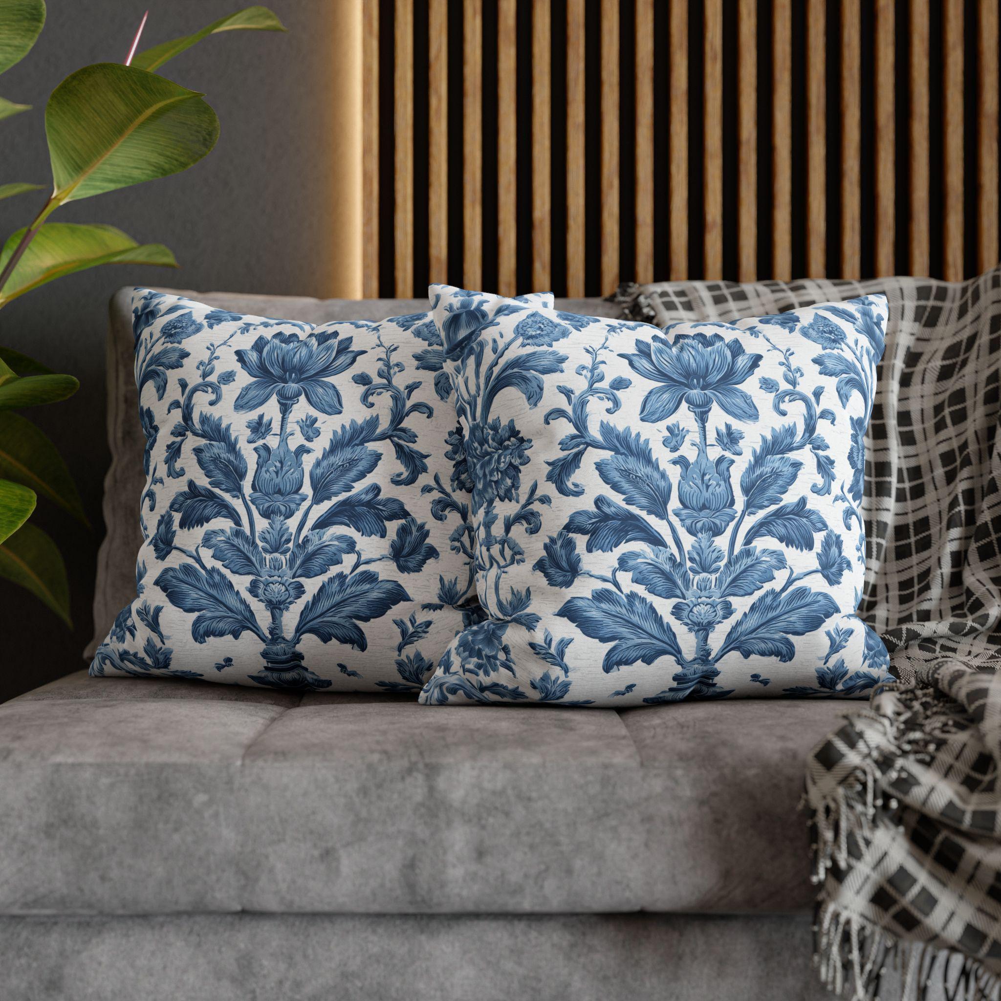 Jacobean Floral Pillow Cover: Vintage Style Blue & White Traditional Botanical Cushion for Classic Decor