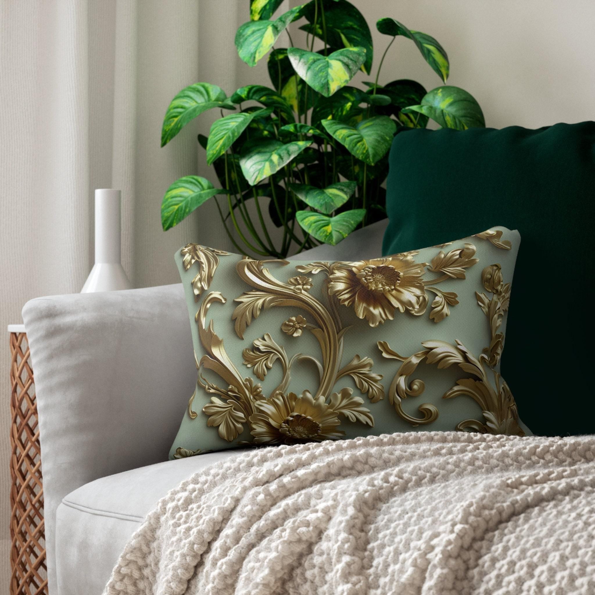 French Rococo Golden Floral Lumbar Pillow | Sage Green Elegance | Ornate Decorative Design