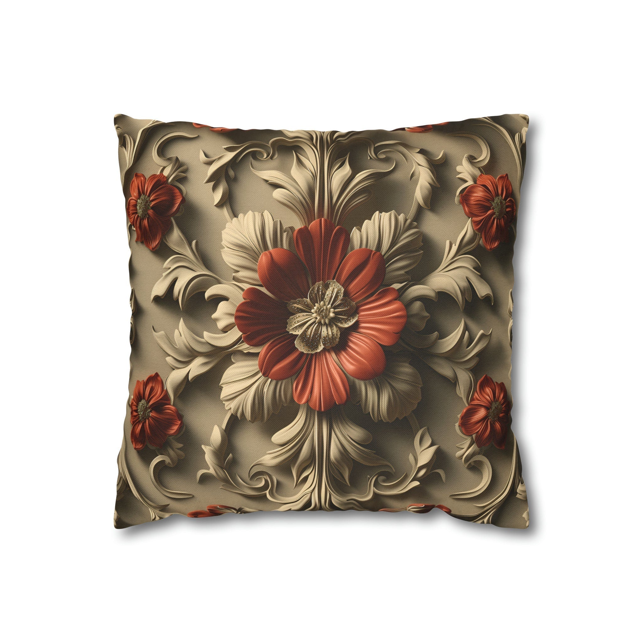 Baroque Style Pillow Cover: Red Flower, Acanthus Leaves, Embossed 3D Effect