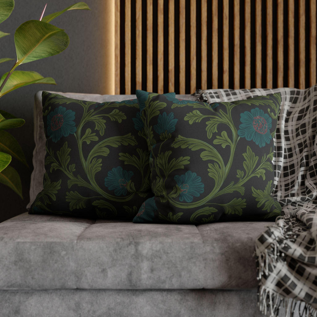 William Morris Pillow Cover: Lodden  Inspired  Charcoal with Olive & Teal Botanicals