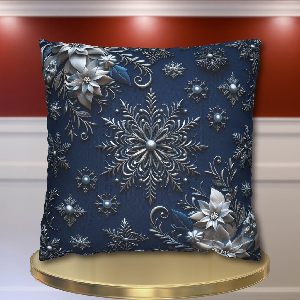 Winter Blue Silver Poinsettia Snowflake Pillowcase, Holiday Decor Square Throw Pillow Cover