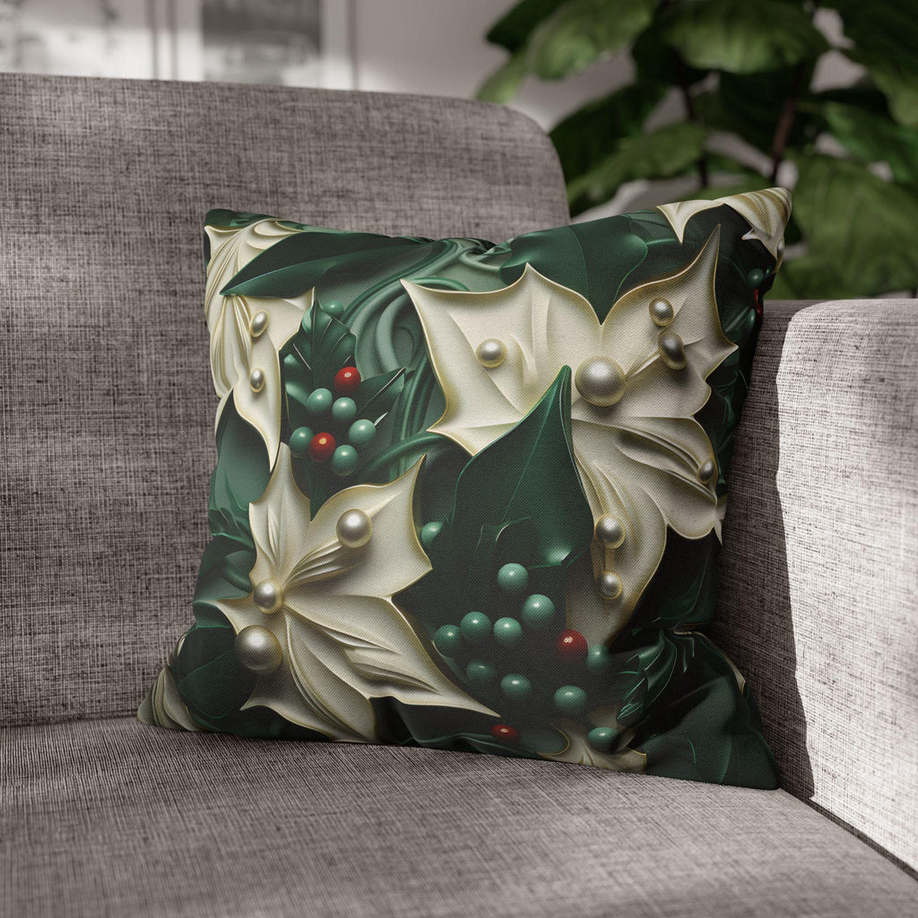 Elegant Holly Leaves & Berries Pillow Cover: Winter Emerald Green Decor with Smooth Design